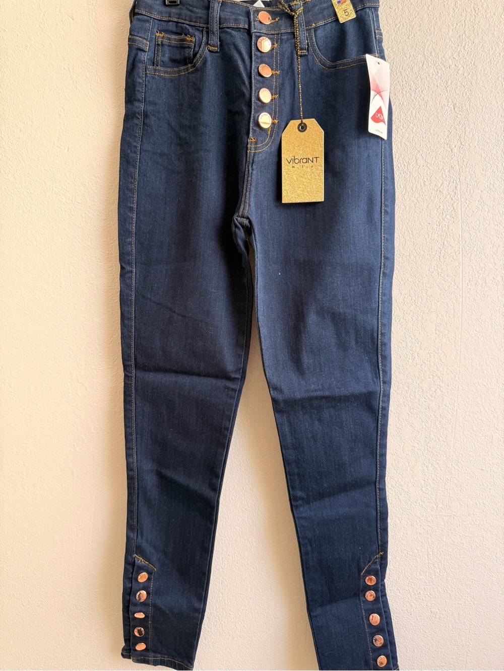 Vibrant Women's Navy High-Rise Skinny Jeans with Button Accents
